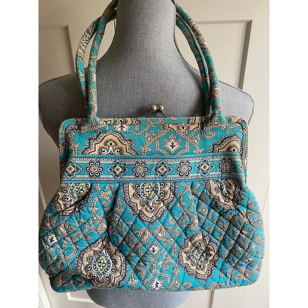 Vera Bradley Handbag Purse Tote Silver Snap Closure Fabric Teal Brown